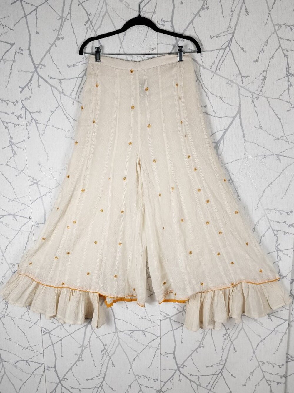 Cream Floral Embroidered Elastic Waist Layered Flowy Palazzo Pants